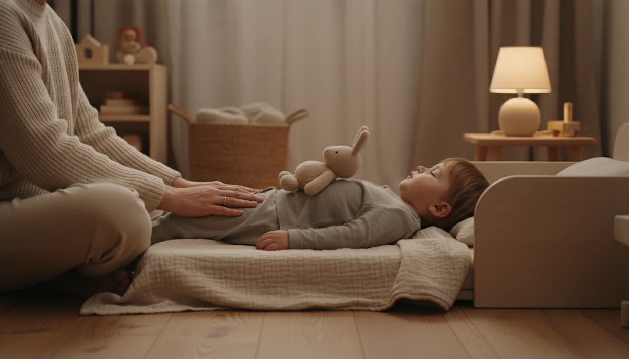 A parent helps a toddler take a calming belly breath with a stuffed animal at bedtime.