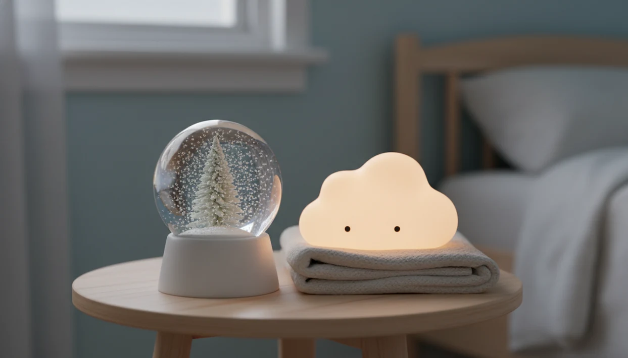 A shaken snow globe settles on a child’s bedside table in soft evening light.