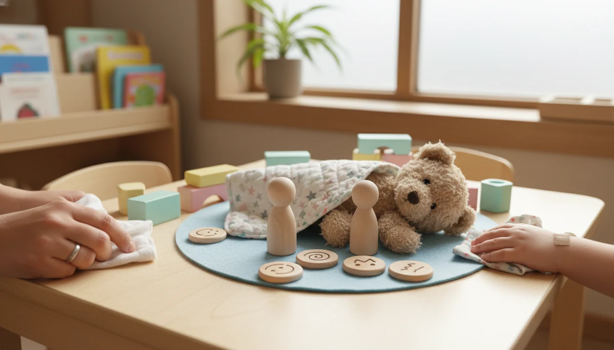 A child and adult hand comfort a plush bear on a preschool table with blocks and emotion tokens.