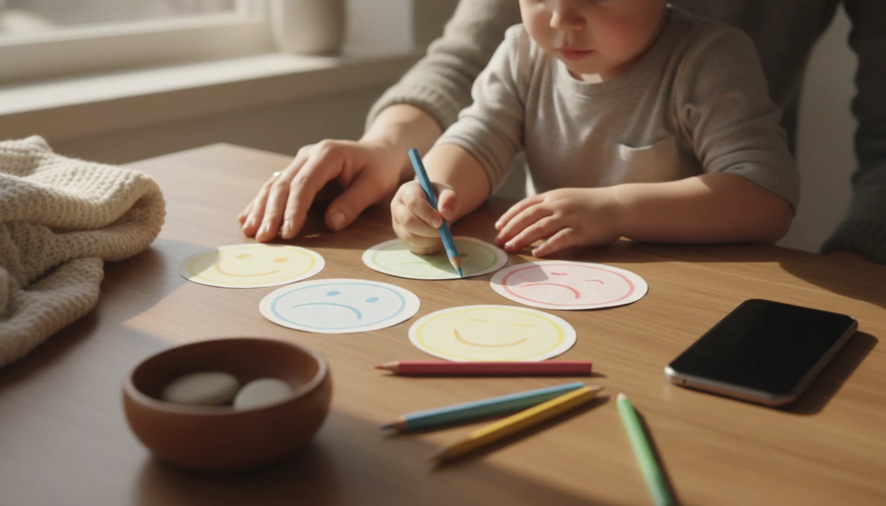Parent and child hands use crayons and emotion cards at a calm kitchen table.