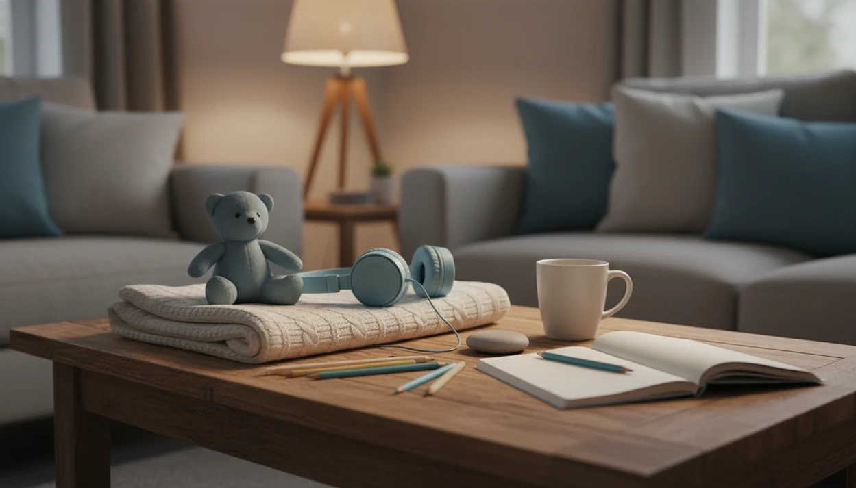 A calm home mindfulness setup with a teddy bear, headphones, blanket, notebook, and soft evening light.