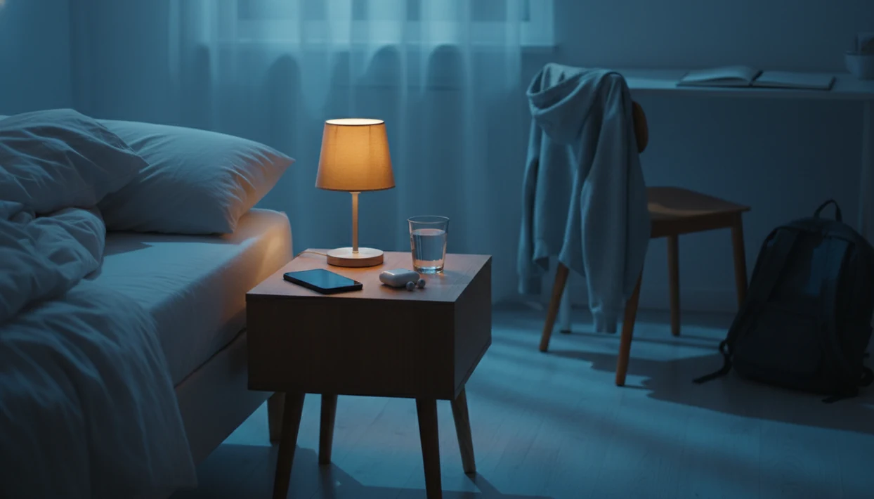 A quiet teen bedroom nightstand with a face-down phone, earbuds, lamp, and bedtime items in soft light.