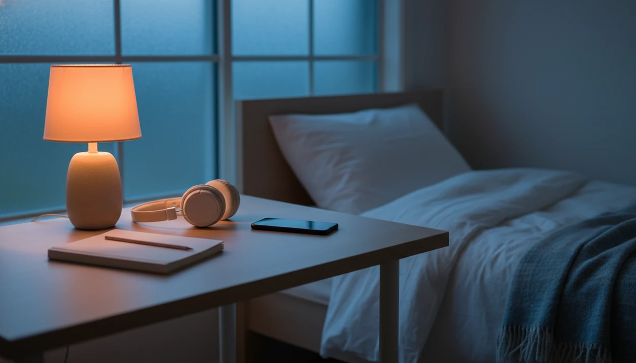 A calm teen desk and bedside setup suggests mindfulness for sleep, anxiety, and focus.
