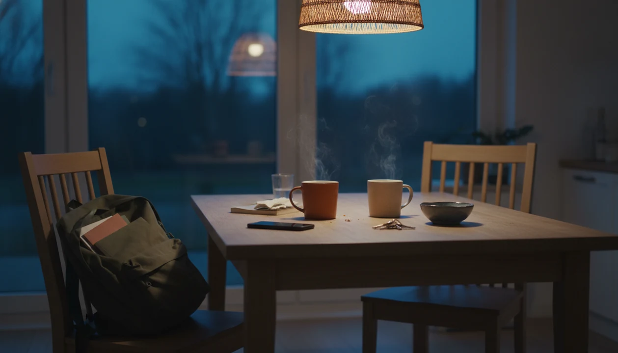 A calm kitchen table with two mugs, a backpack, and a face-down phone suggesting a mindful parent-teen pause.