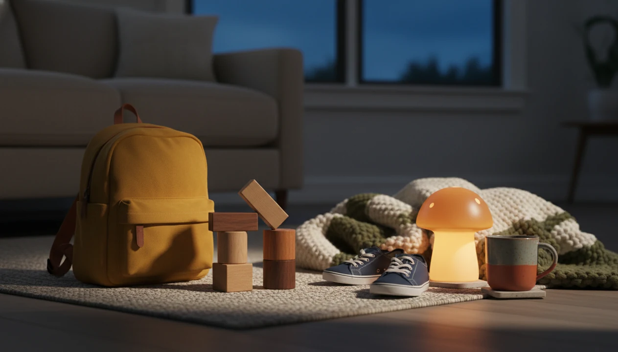 A calm family room still life with a child’s backpack, blocks, blanket, sneakers, and warm evening light.