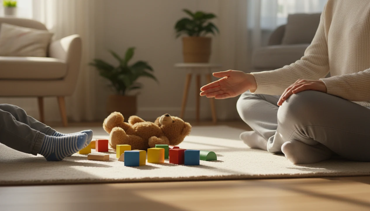 A calm adult sits near scattered toys and a child’s feet after a difficult moment at home.