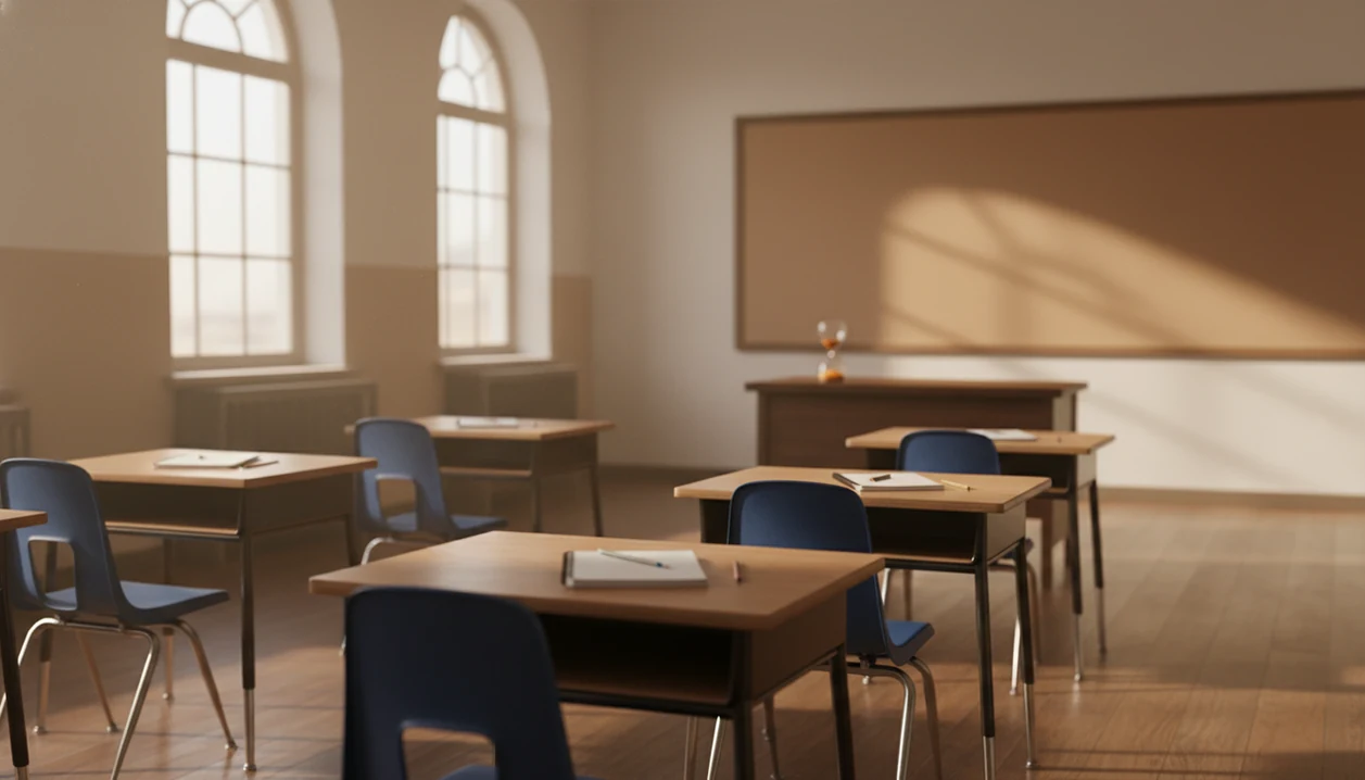 A quiet classroom with desks, pencils, notebooks, and a small timer arranged for a mindful minute.