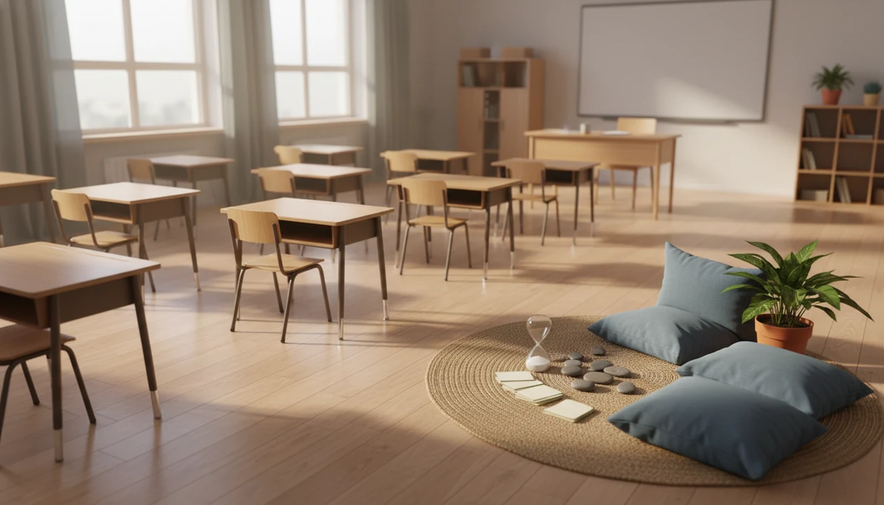 A quiet classroom with desks, cushions, stones, and a plant set up for brief mindfulness routines.