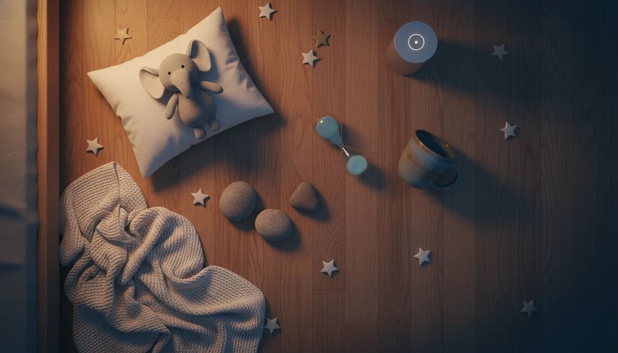A calm bedtime mindfulness setup with a blanket, plush toy, stones, timer, mug, and small speaker.