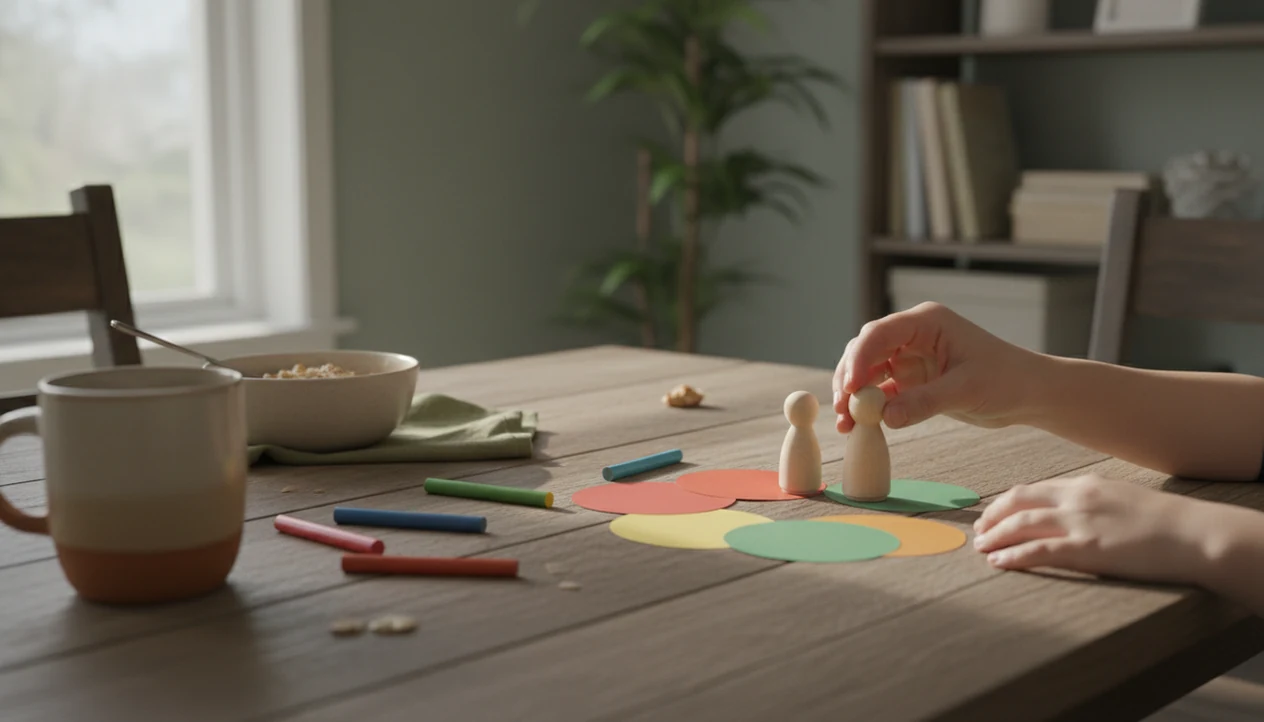 Adult and child hands arrange wooden figures and emotion colors on a calm family table.
