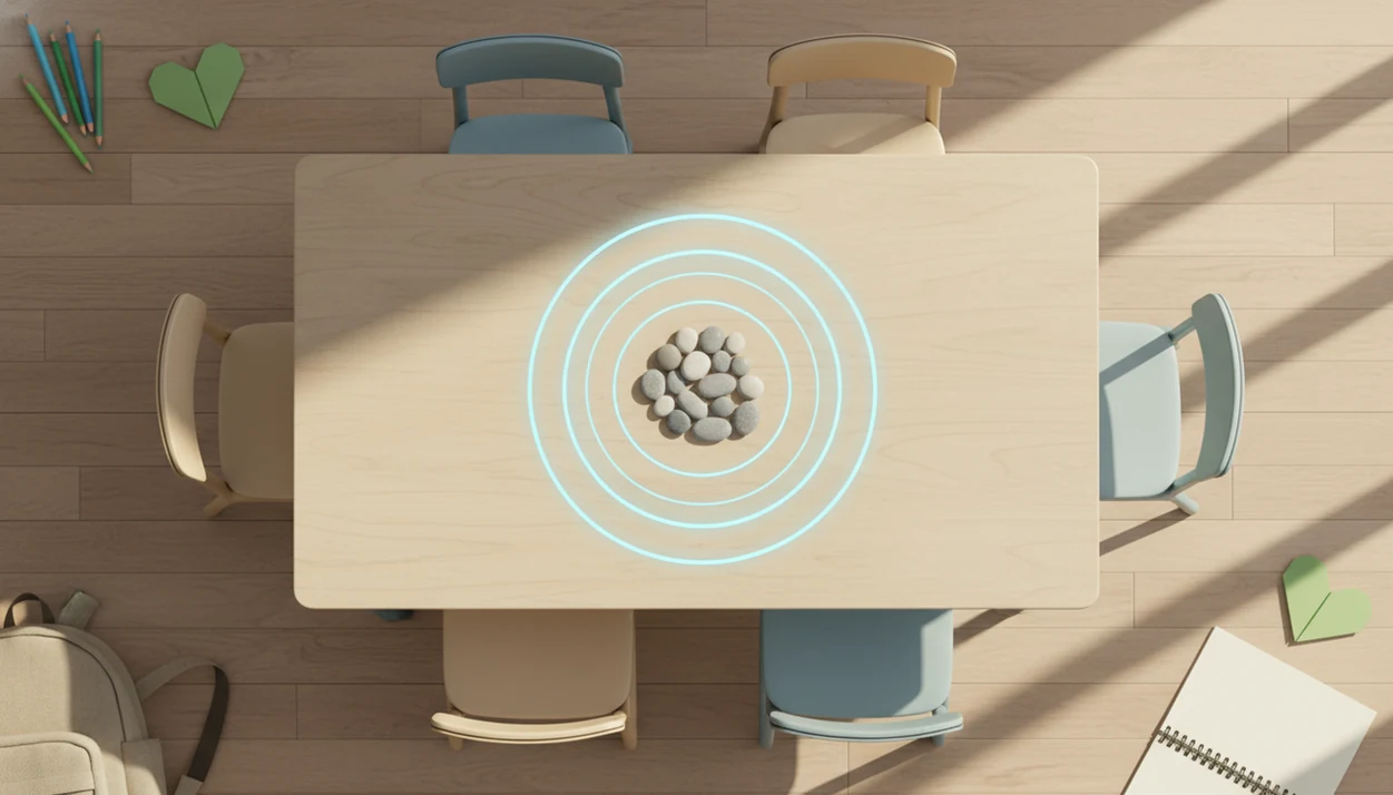 An overhead classroom table scene uses stones and soft rings to symbolize mindful pauses before conflict.