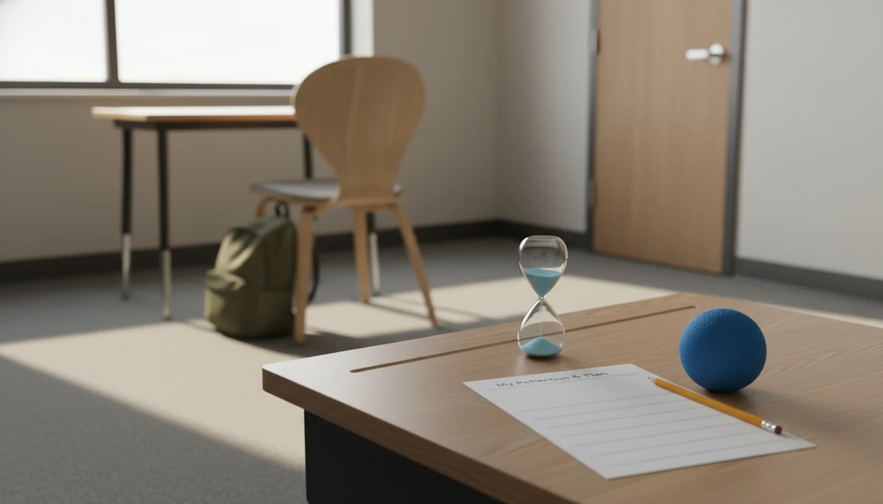 A quiet school reset space with a timer, blank reflection sheet, pencil, chair, and soft afternoon light.