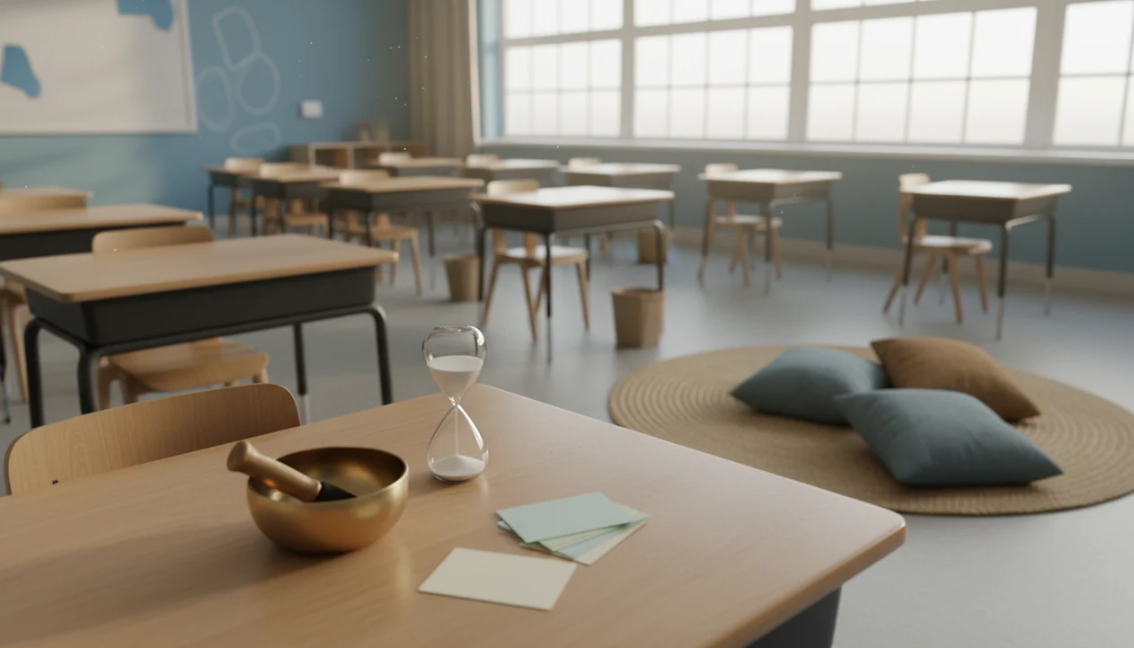 A quiet classroom with desks, cushions, a chime bowl, and a sand timer set up for mindfulness practice.