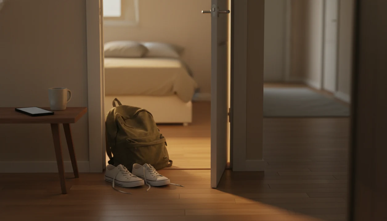 A quiet hallway outside a partly closed teen bedroom door suggests pausing before a difficult conversation.