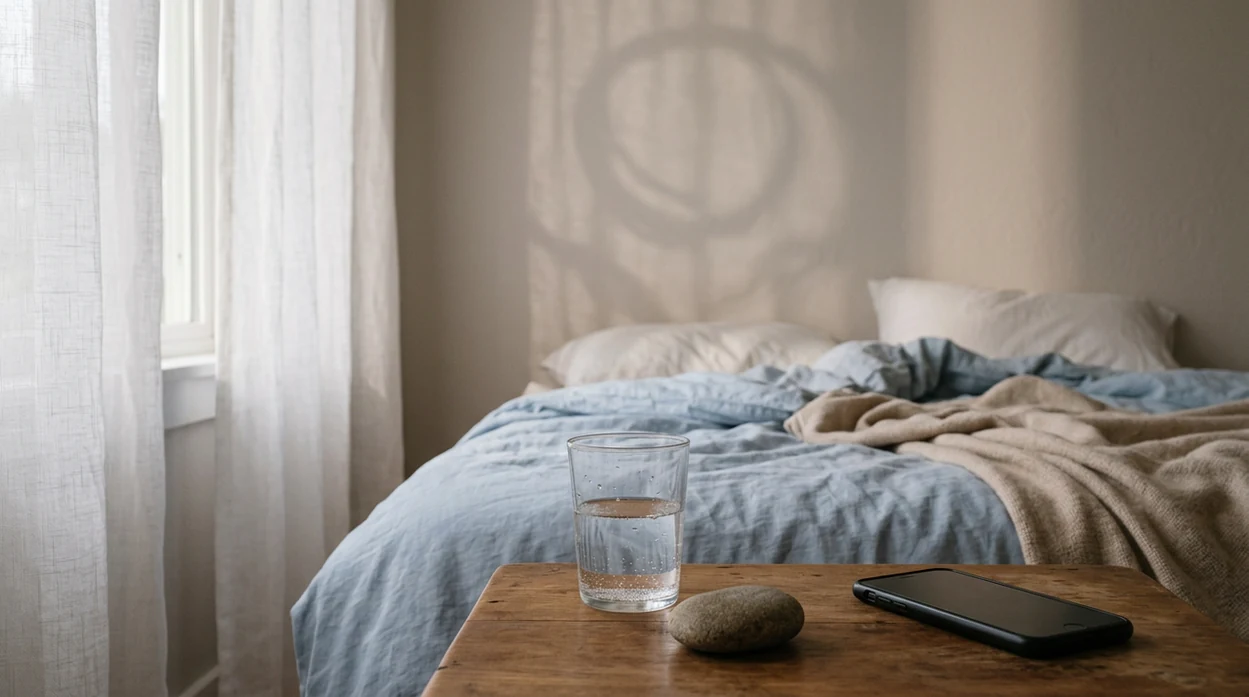 A calm bedside scene with water, a grounding stone, and morning light after a restless night.