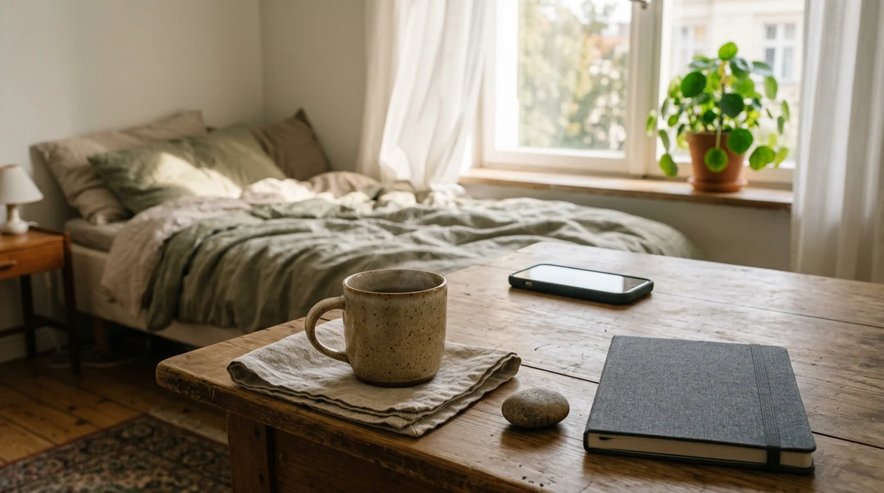 A calm morning still life with tea, linen, a stone, and sunlight suggesting a mindful pause.