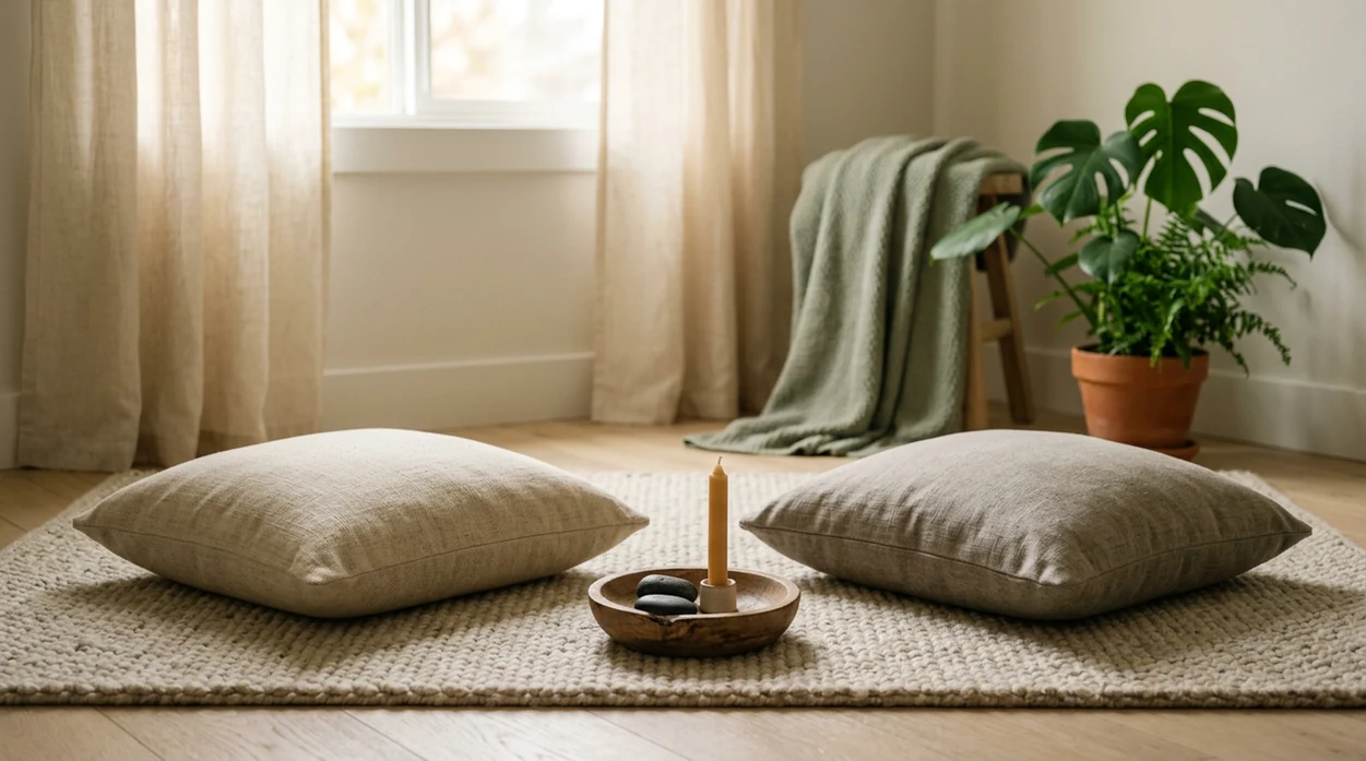 Two meditation cushions face each other in a calm room, with stones and a candle between them.