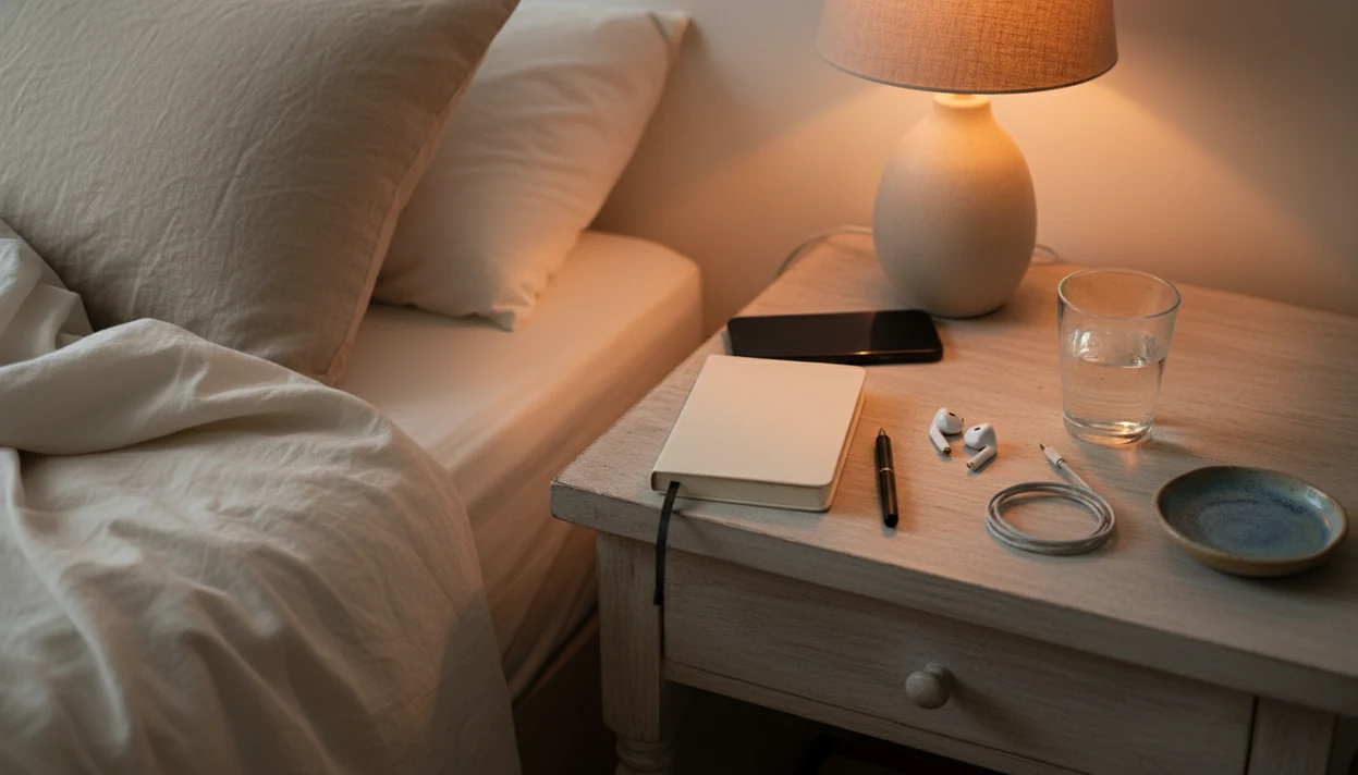 A quiet nightstand with soft lamp and phone beside the bed.