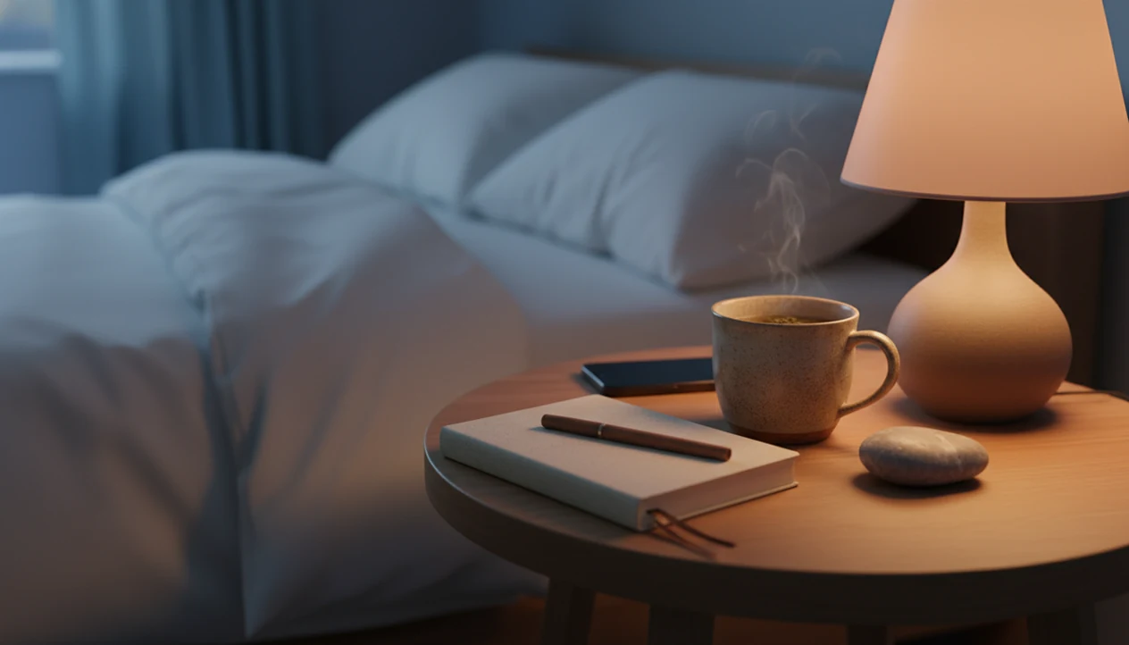 A calm bedside scene with a journal, tea, and soft lamp light for evening reflection.
