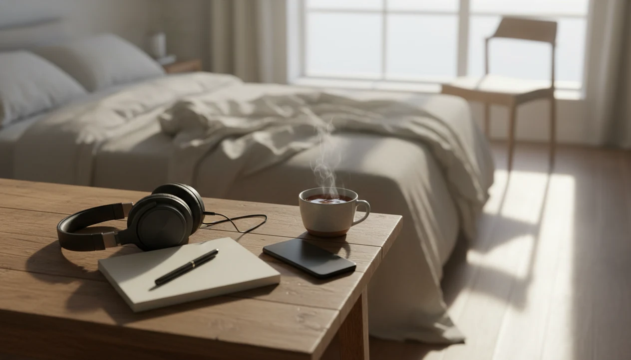 A quiet desk with headphones, notebook, tea, and soft morning light for calm goal visualization.