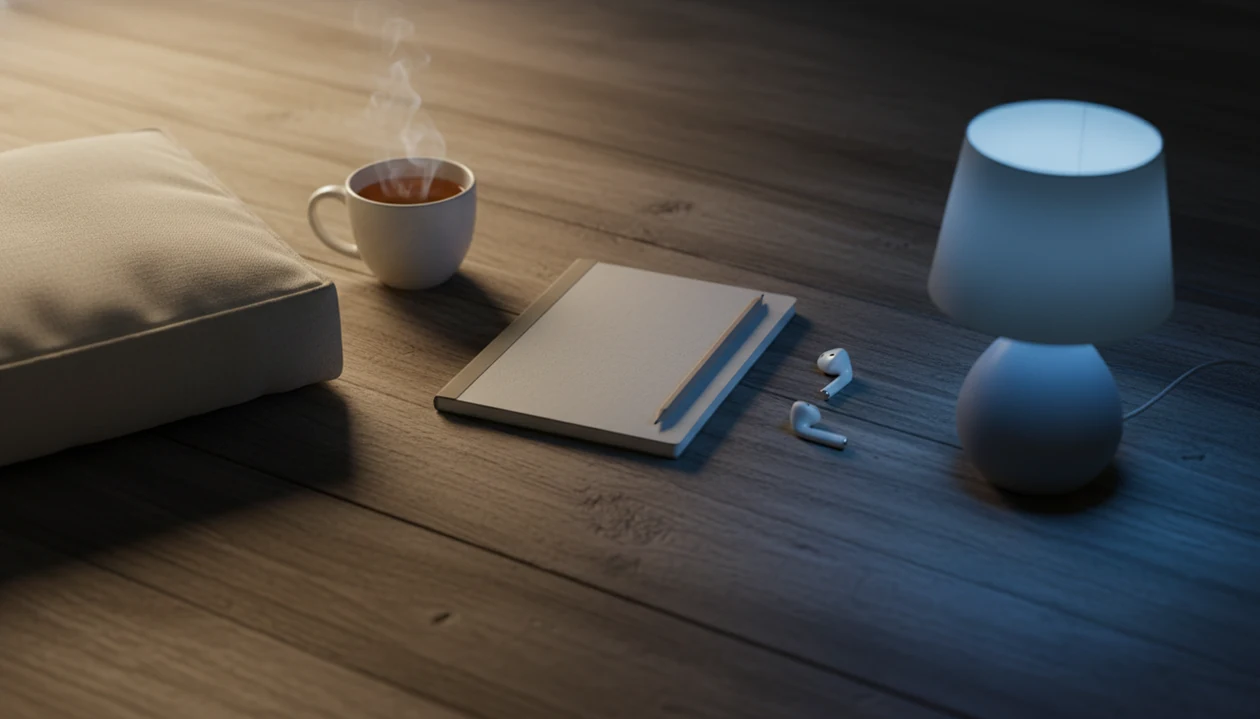 A calm still life with meditation cushion, speaker and dim light on the bedside table.
