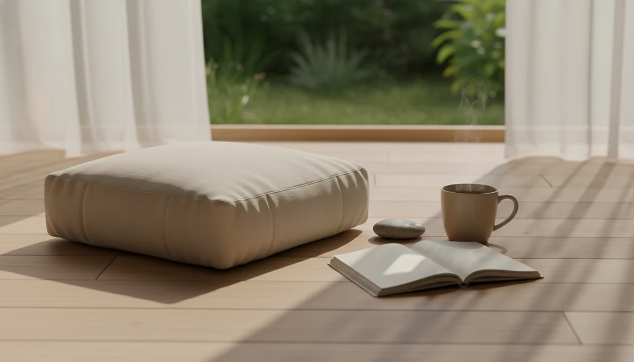 A quiet meditation corner with a cushion, blank journal, tea, and soft morning light.