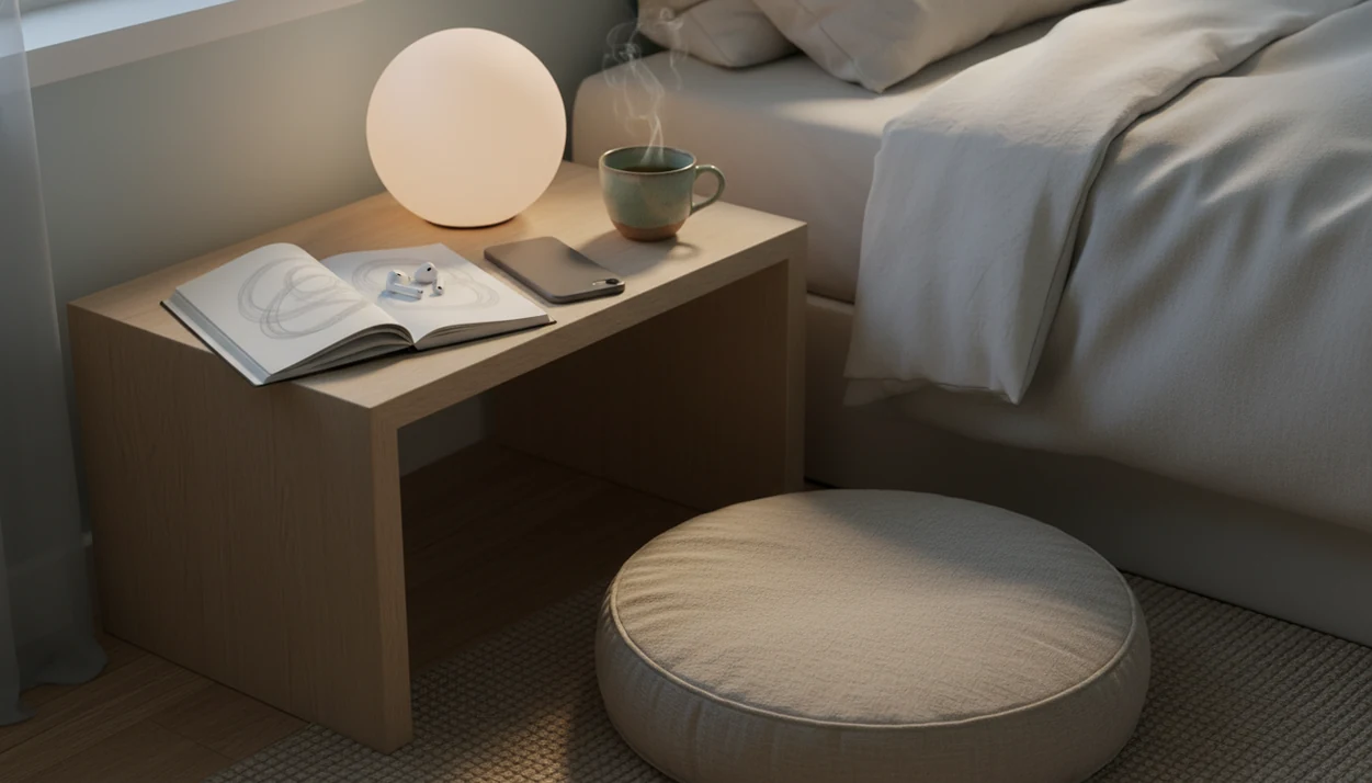 A calm bedroom still life with a meditation cushion, sleep mask and phone on the nightstand.