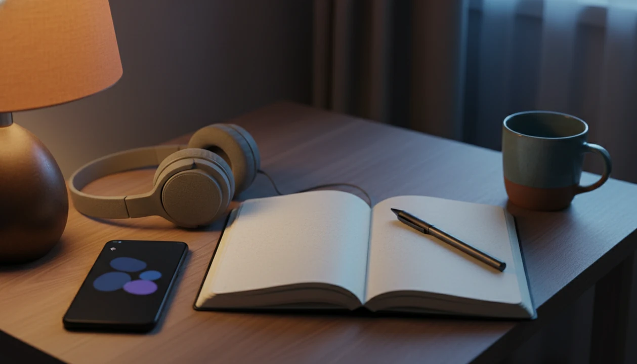 An open journal, pen, headphones, and meditation phone rest on a calm bedside table.