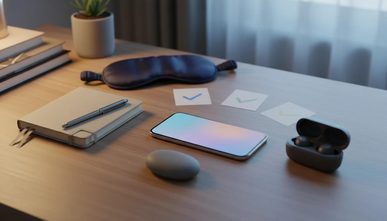 A phone, journal, bedside phone with a downloaded calm track.