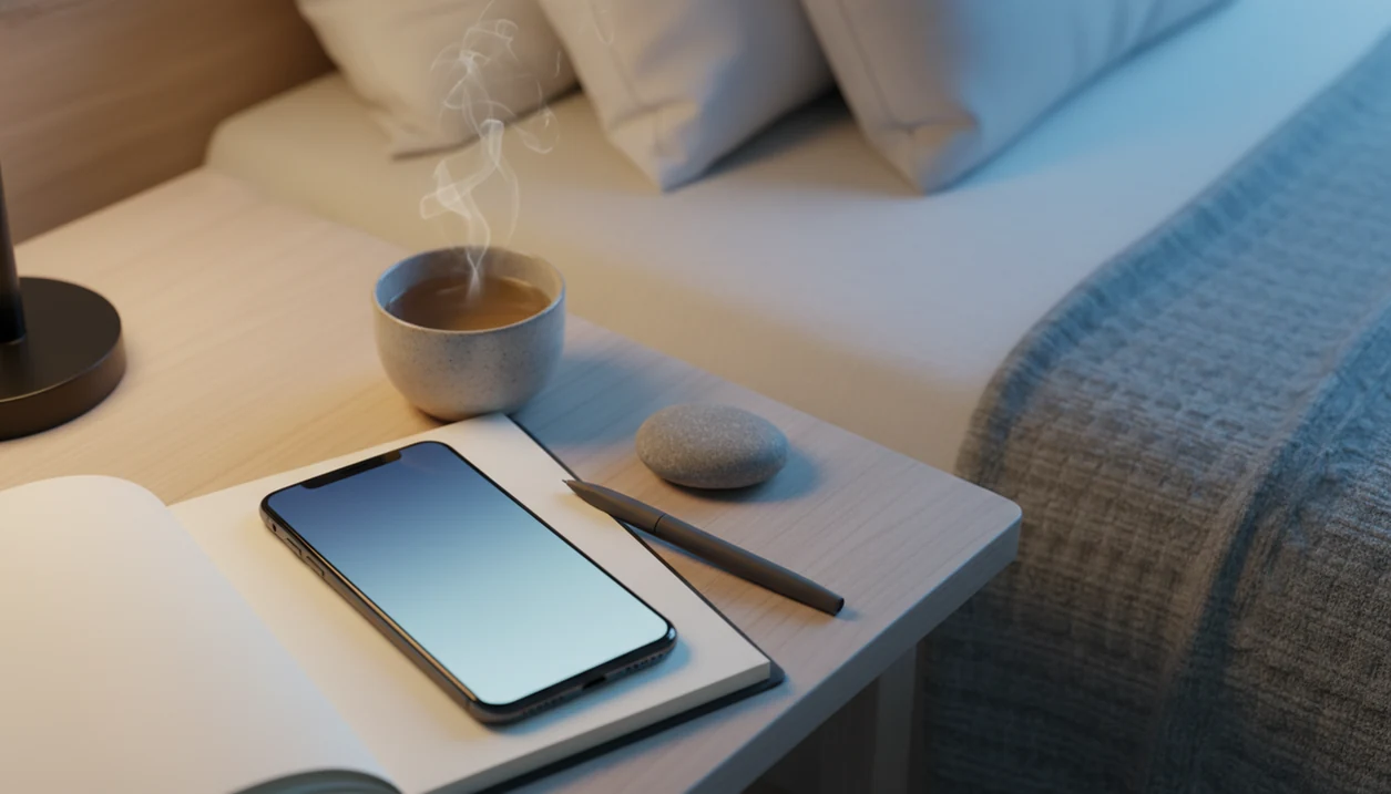 A blank phone, journal, tea, and stone on a calm bedside table for intention meditation.