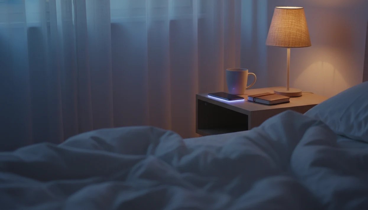 A calm bedroom nightstand with a face-down phone, notebook, mug, and dim lamp beside rumpled sheets.
