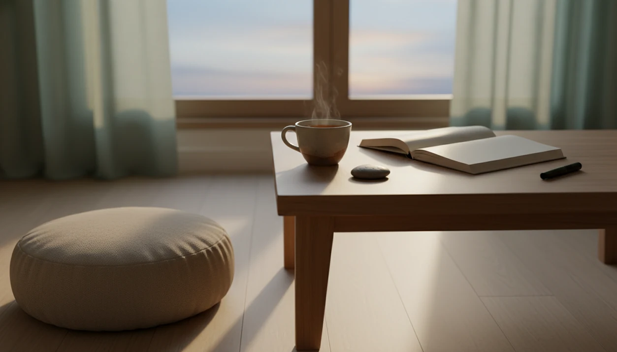 A calm bedside still life contrasts meditation objects with a blank notebook for future intention.