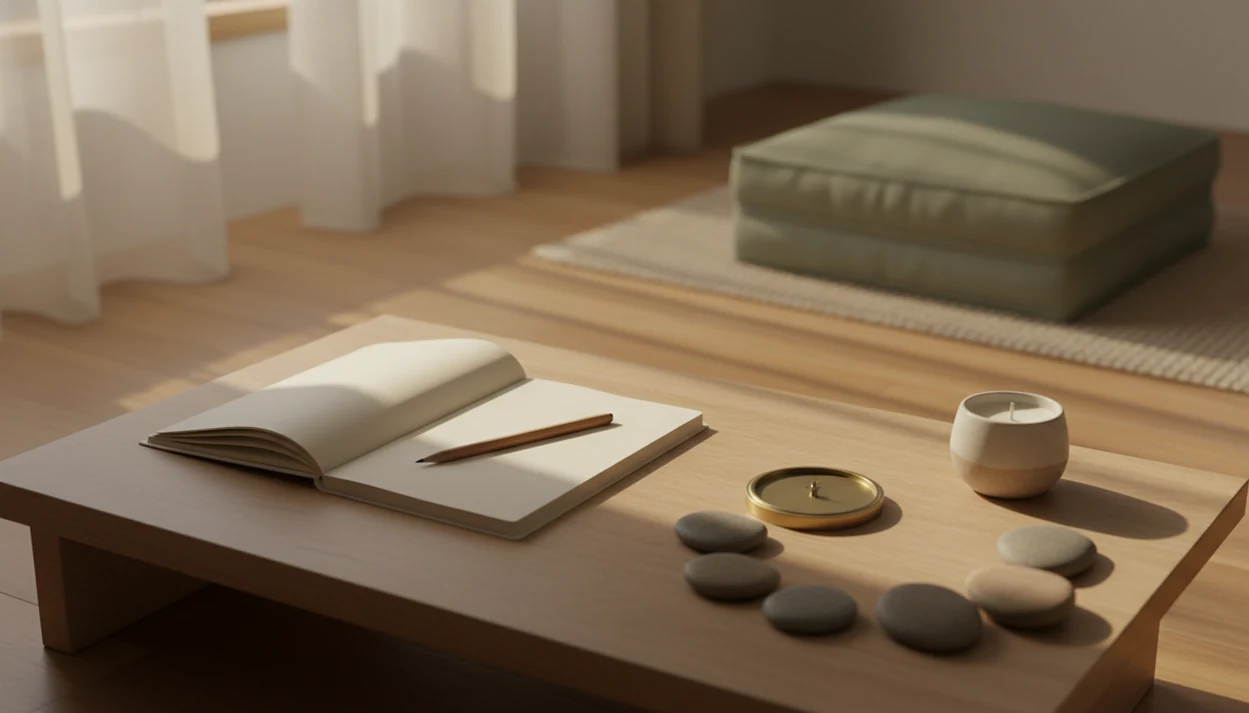 A calm still life with a blank notebook, stones, candle, and compass suggesting reflective goal practice.