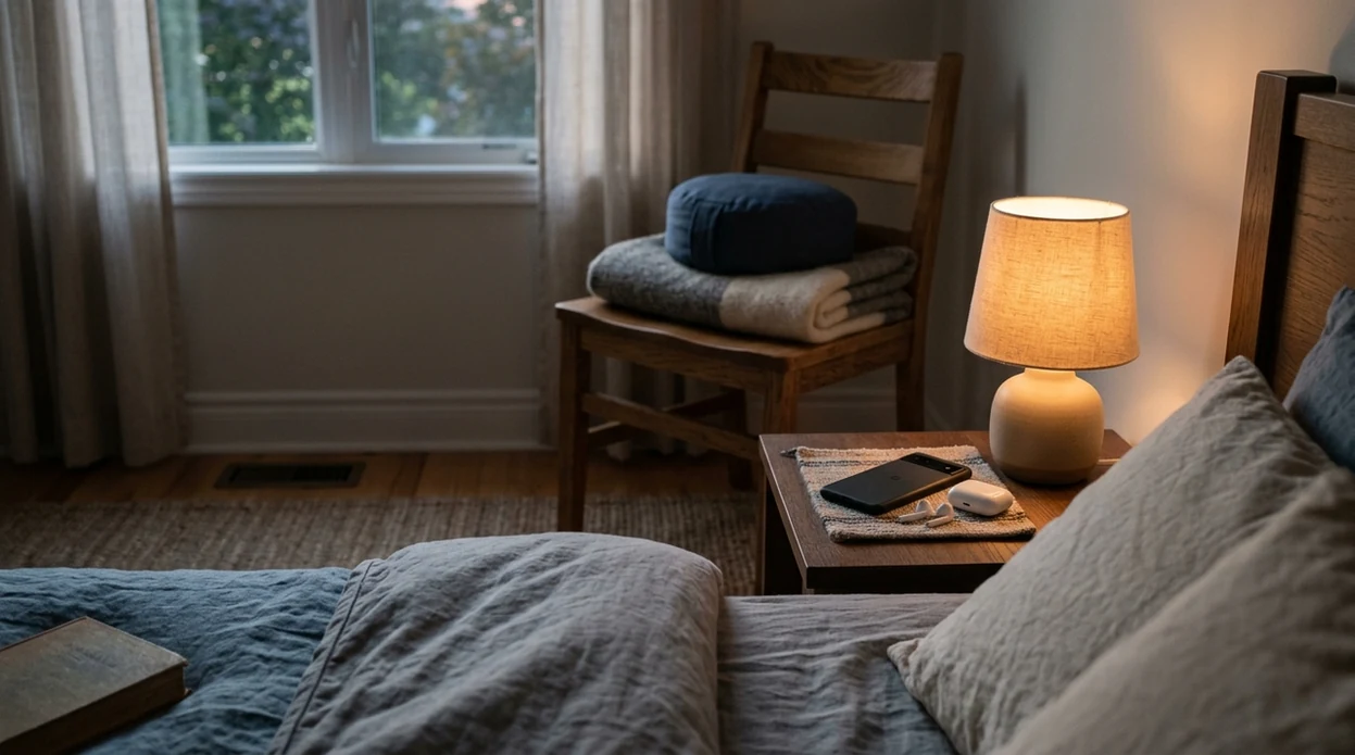 A calm bedroom setup with phone on the nightstand with sleep audio ready.