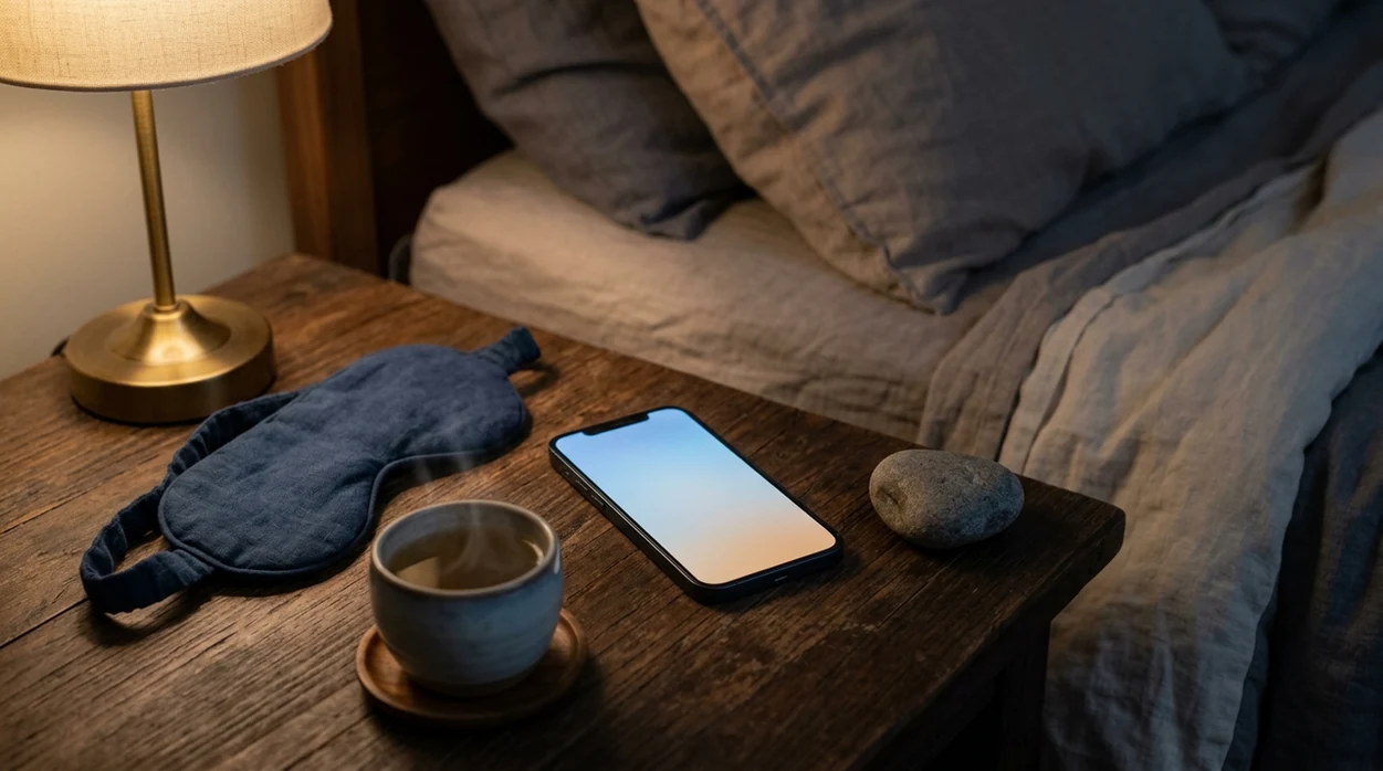 A calm bedside scene with a softly glowing phone, tea, eye mask, and grounding stone at night.
