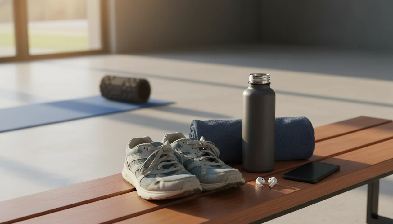 Running shoes, towel, phone on the nightstand with sleep audio ready.