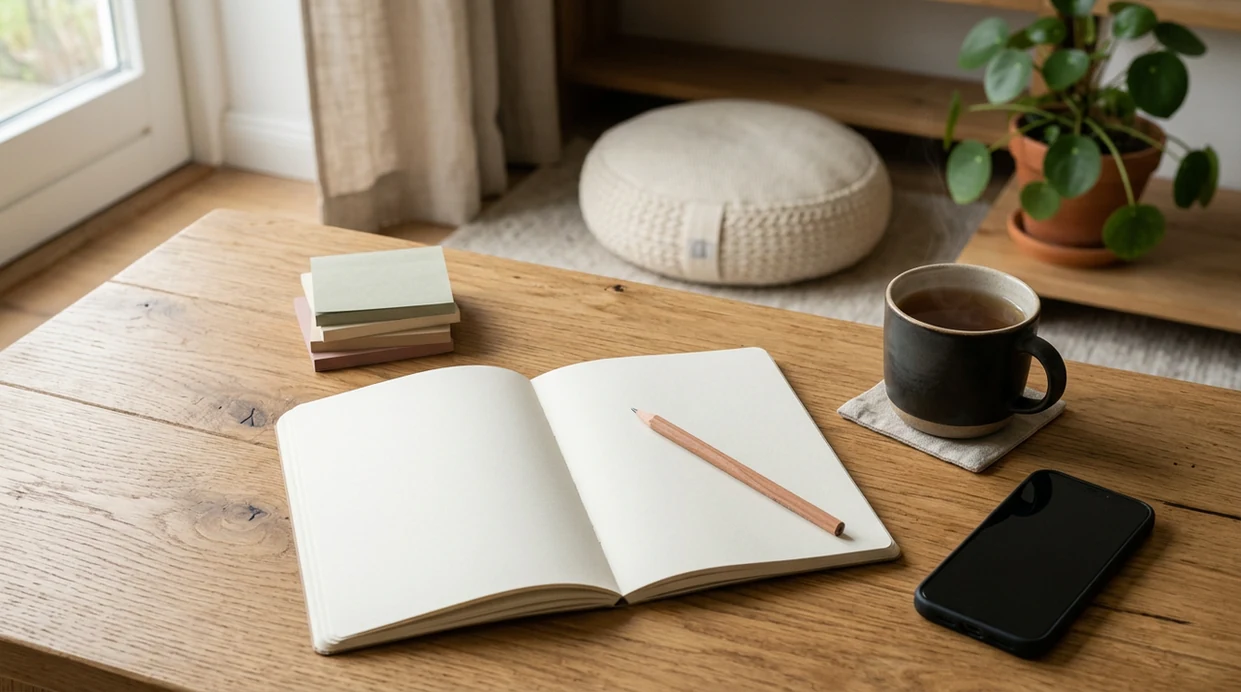 A calm desk with a blank notebook, pencil, face-down phone, tea, and meditation cushion in soft light.