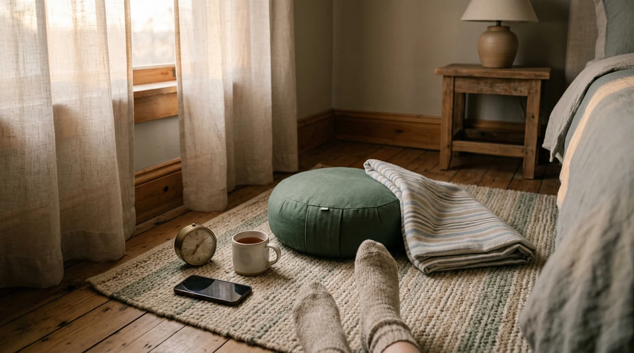 A quiet bedroom meditation setup with a cushion, blanket, mug, and socked feet in soft morning light.