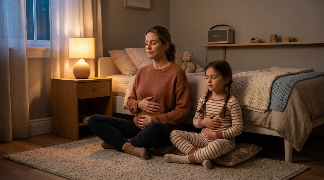 A parent and child practice calm belly breathing together in a softly lit bedroom before sleep.