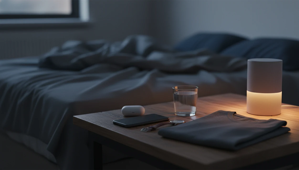 A bedside table with sleep mask and phone on the nightstand.
