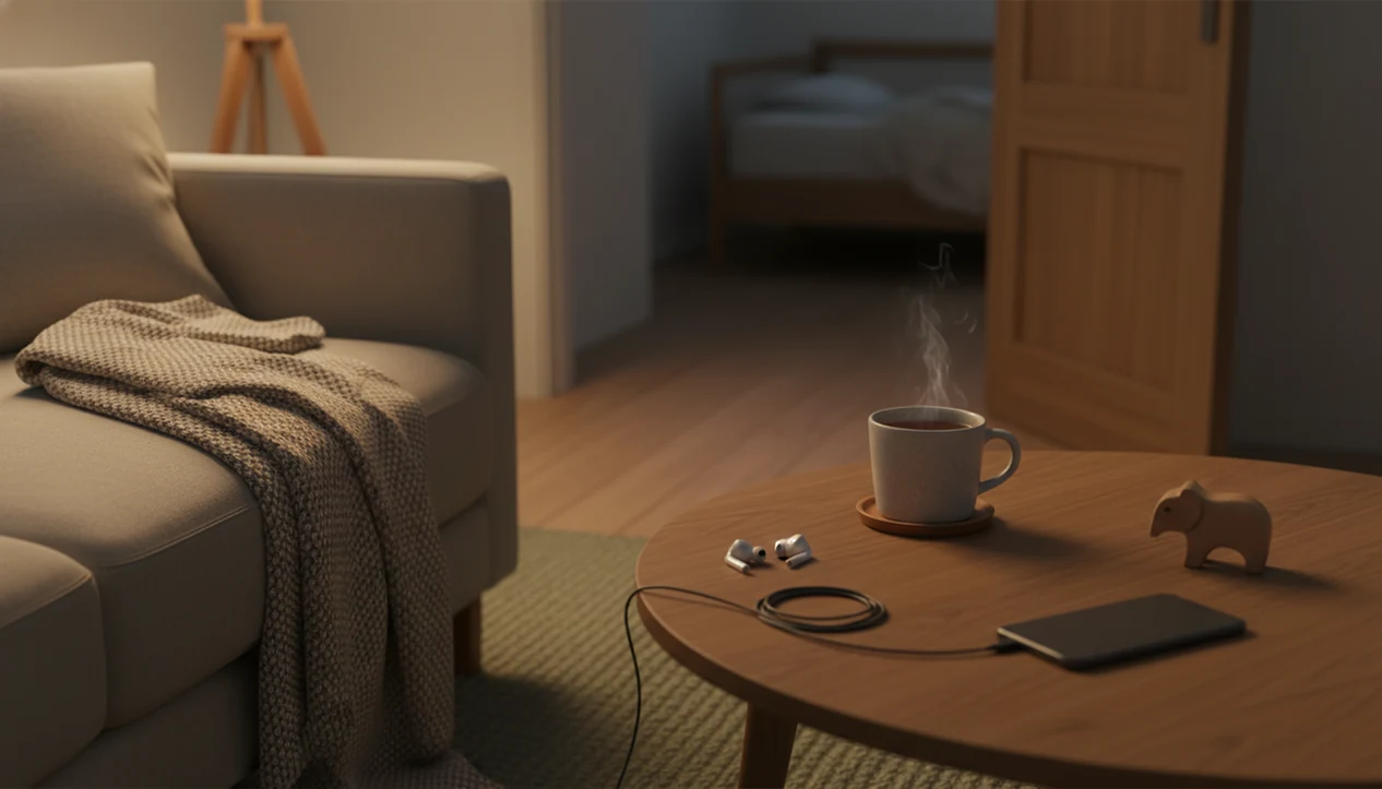 A quiet couch-side still life with tea, bedside phone with a downloaded calm track.