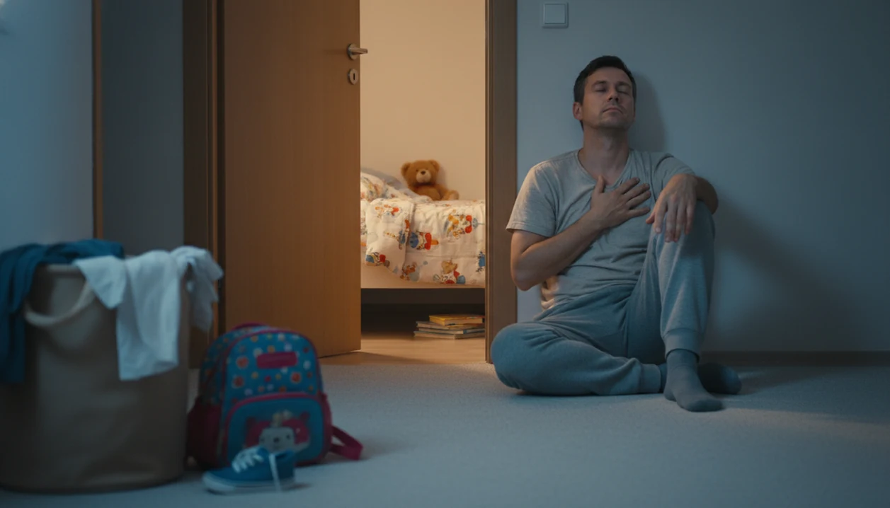 A parent sits quietly outside a child’s bedroom, taking a short calming breath during bedtime.