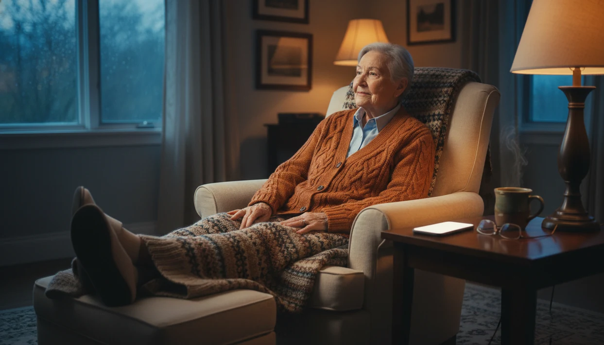An older adult relaxes in a chair beside a softly glowing phone in a calm bedroom at dusk.
