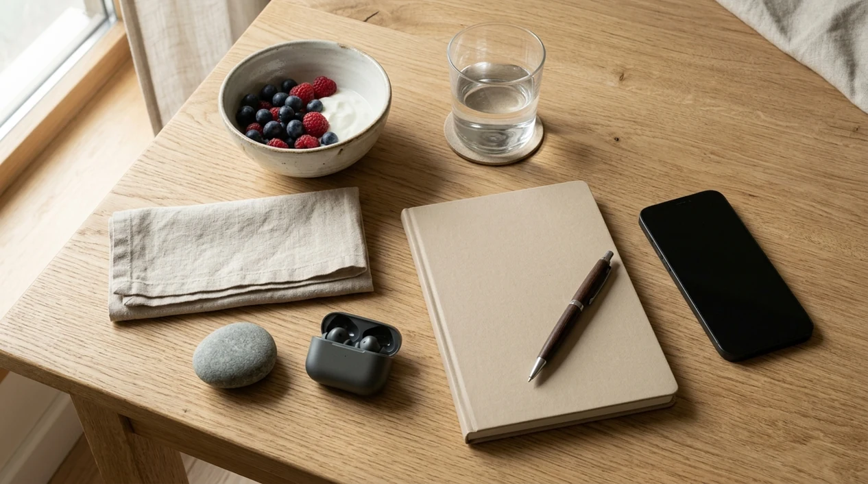 A calm mindful eating setup with healthy food, water, speaker and dim light on the bedside table.