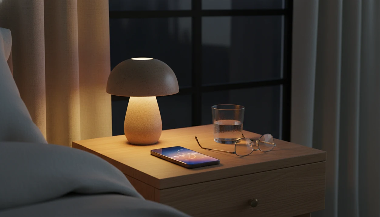 A quiet bedroom nightstand with a phone, lamp, water glass, and rumpled duvet at night.