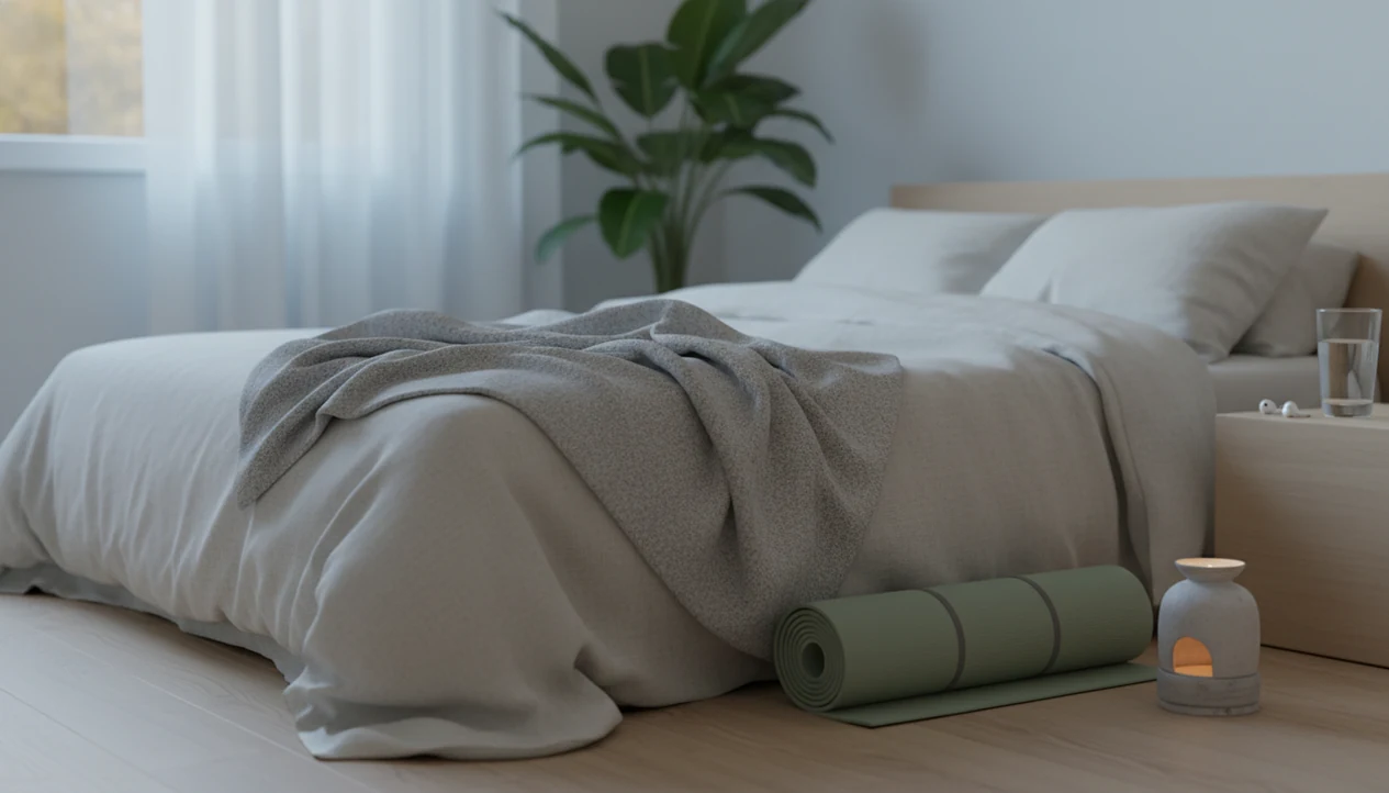 A calm bedroom still life with a blanket, yoga mat, soft lamp and phone beside the bed.