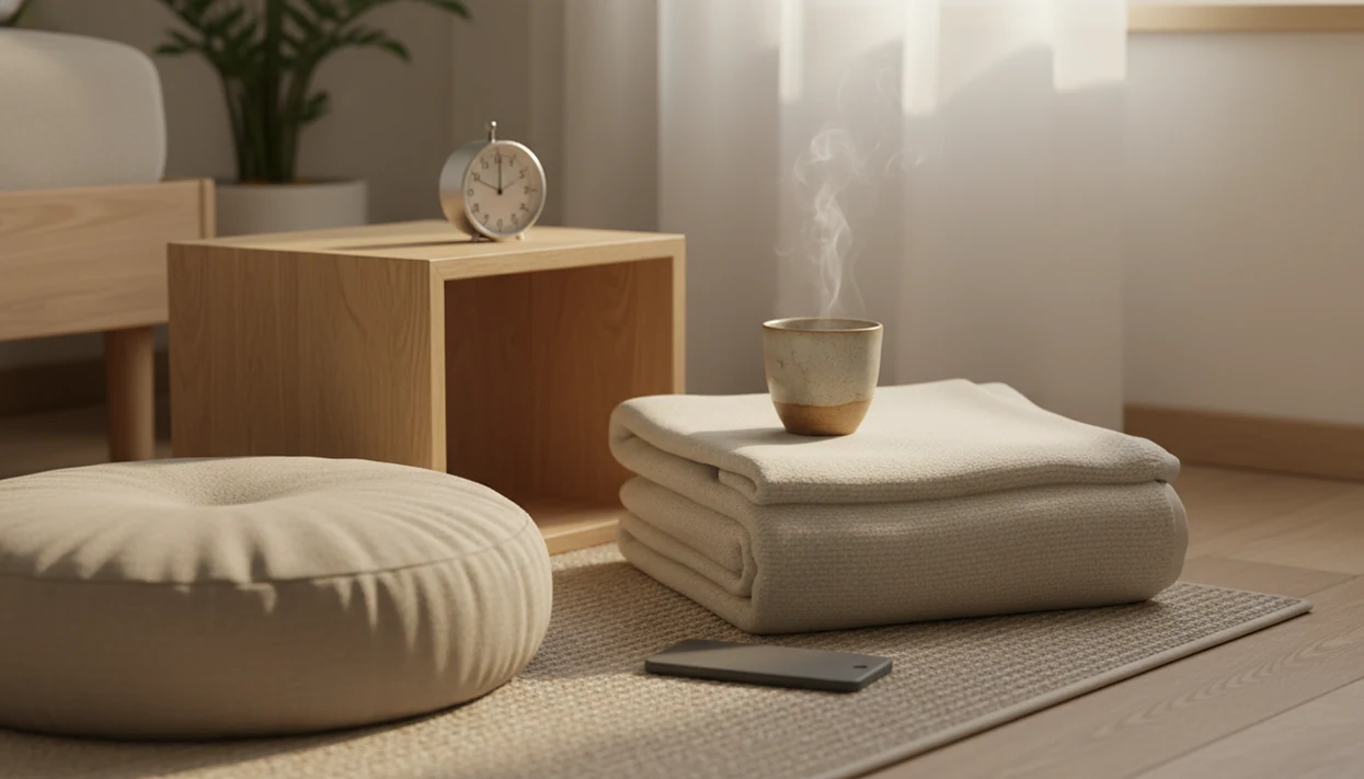 A quiet bedroom corner with a meditation cushion, timer, tea, and soft morning light.