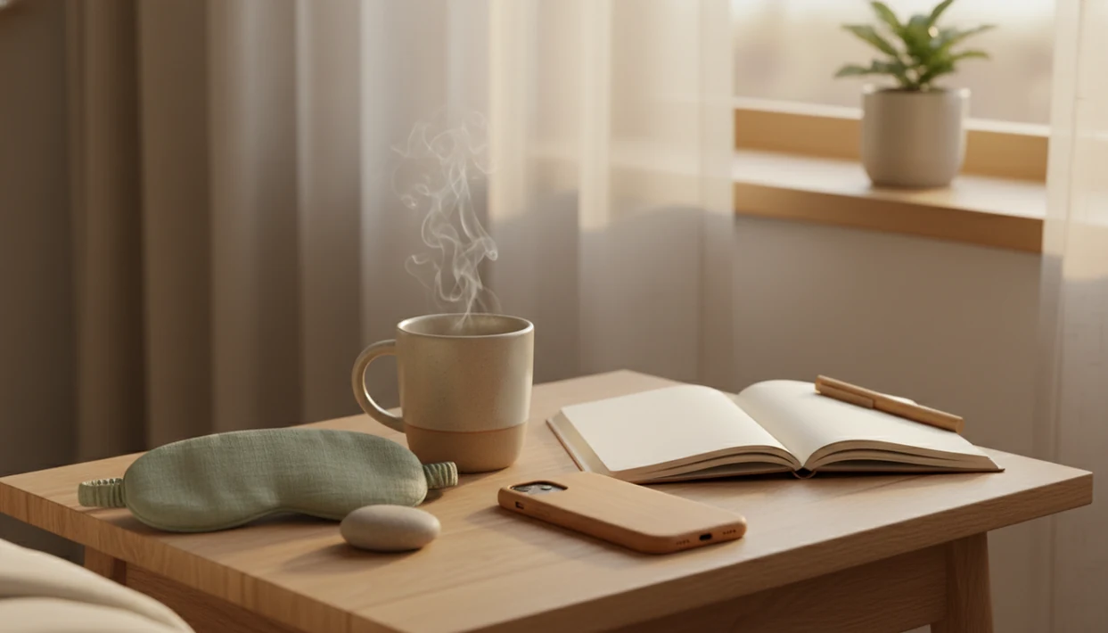 A calm bedside still life with tea, a blank notebook, sleep mask, stone, plant, and face-down phone in morning light.