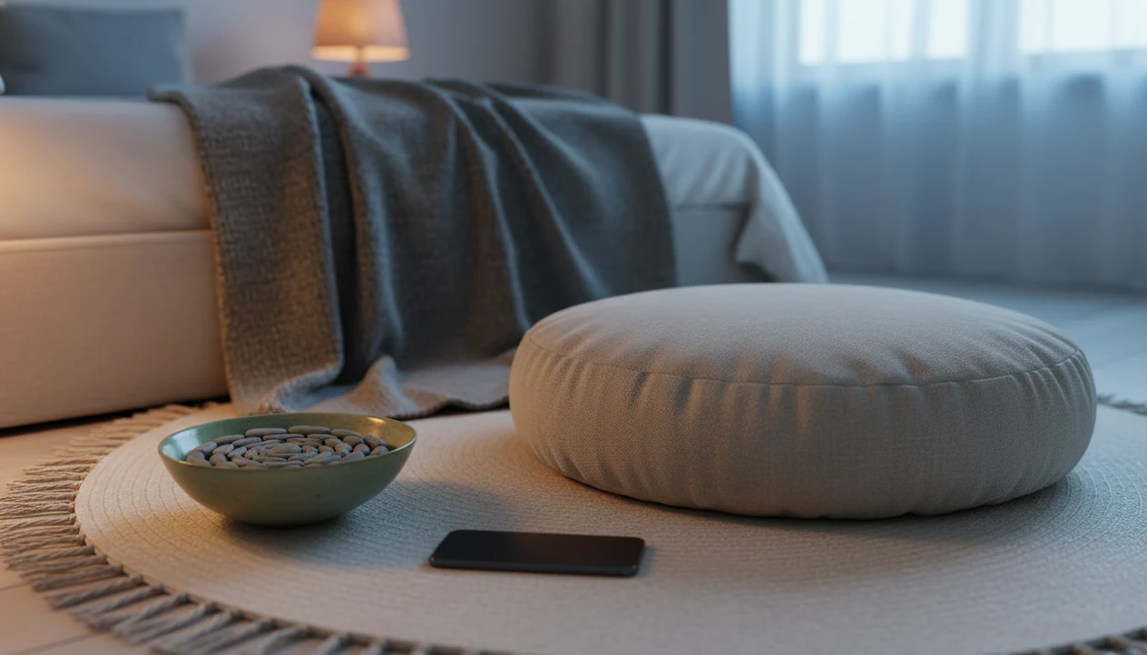 A calm bedroom meditation corner with a cushion, stones, soft bedding, and warm morning light.