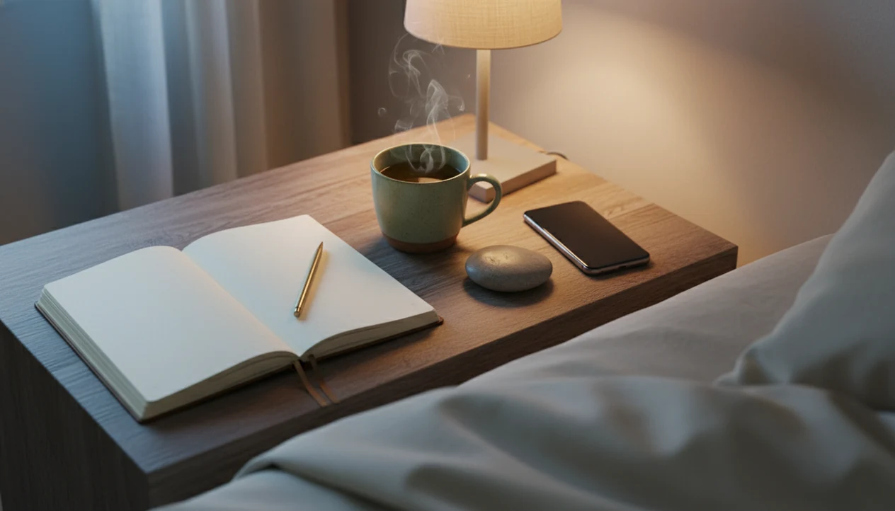 A calm bedside journal setup with tea, a pen, a stone, and a dark phone for mindful self-reflection.